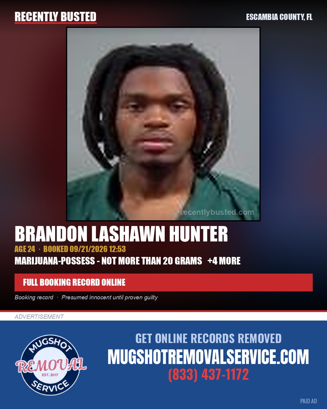 Brandon Lashawn Hunter — arrest record card, Escambia County, Florida
