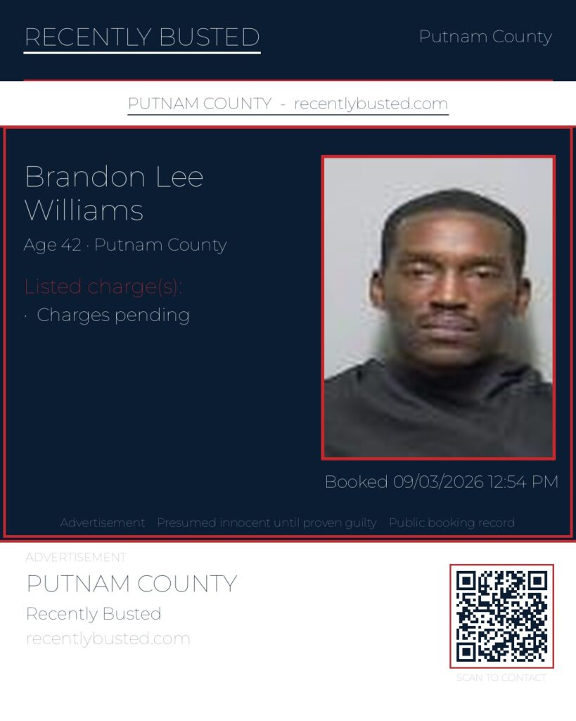 Brandon Lee Williams — arrest record card, Putnam County, Florida