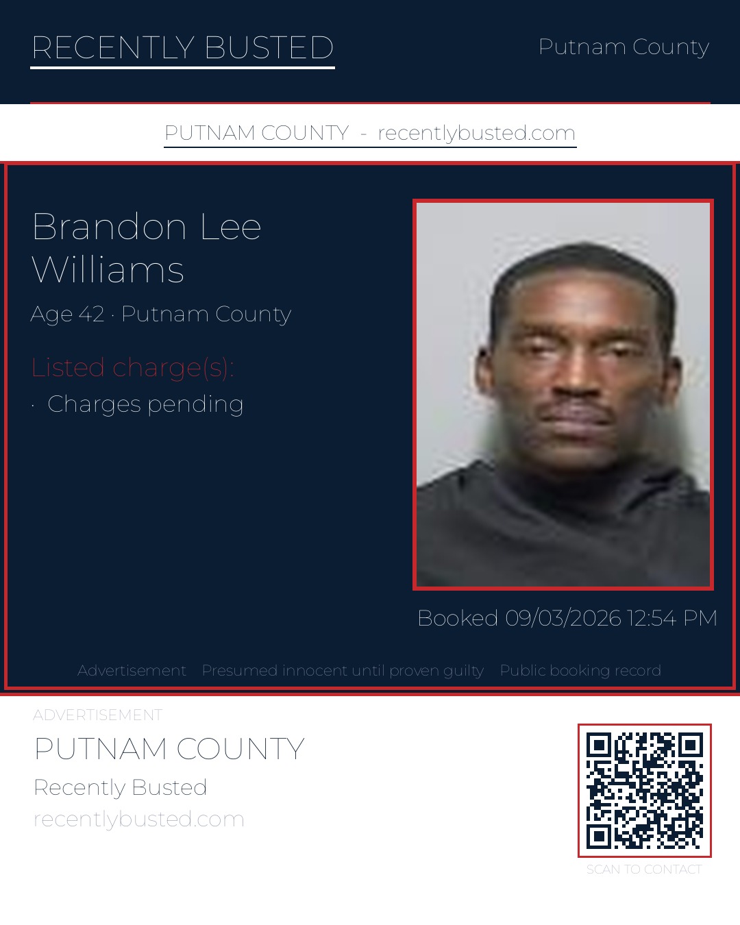 Brandon Lee Williams — arrest record card, Putnam County, Florida