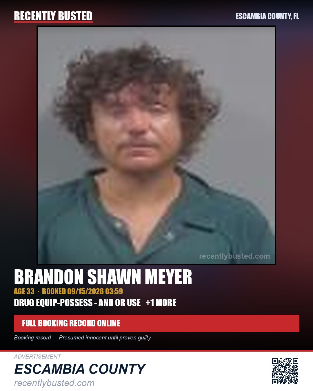 Brandon Shawn Meyer — arrest record card, Escambia County, Florida