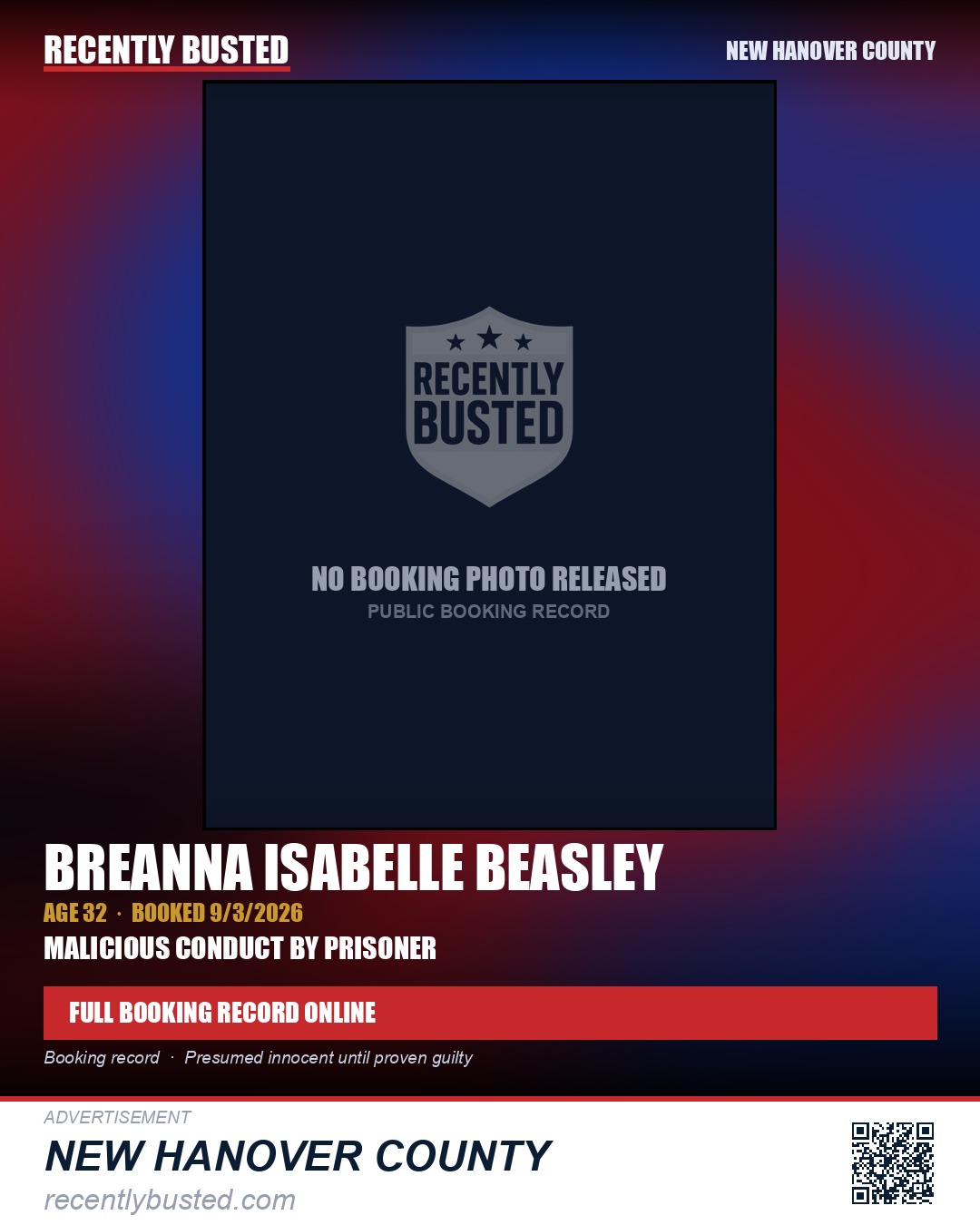 BREANNA ISABELLE BEASLEY — arrest record card, New Hanover County