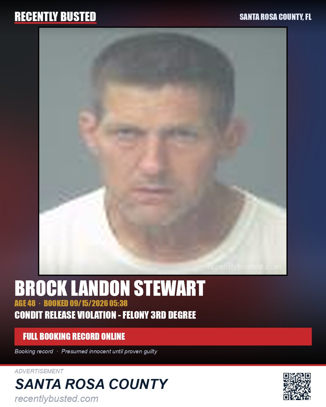 Brock Landon Stewart — arrest record card, Santa Rosa County, Florida