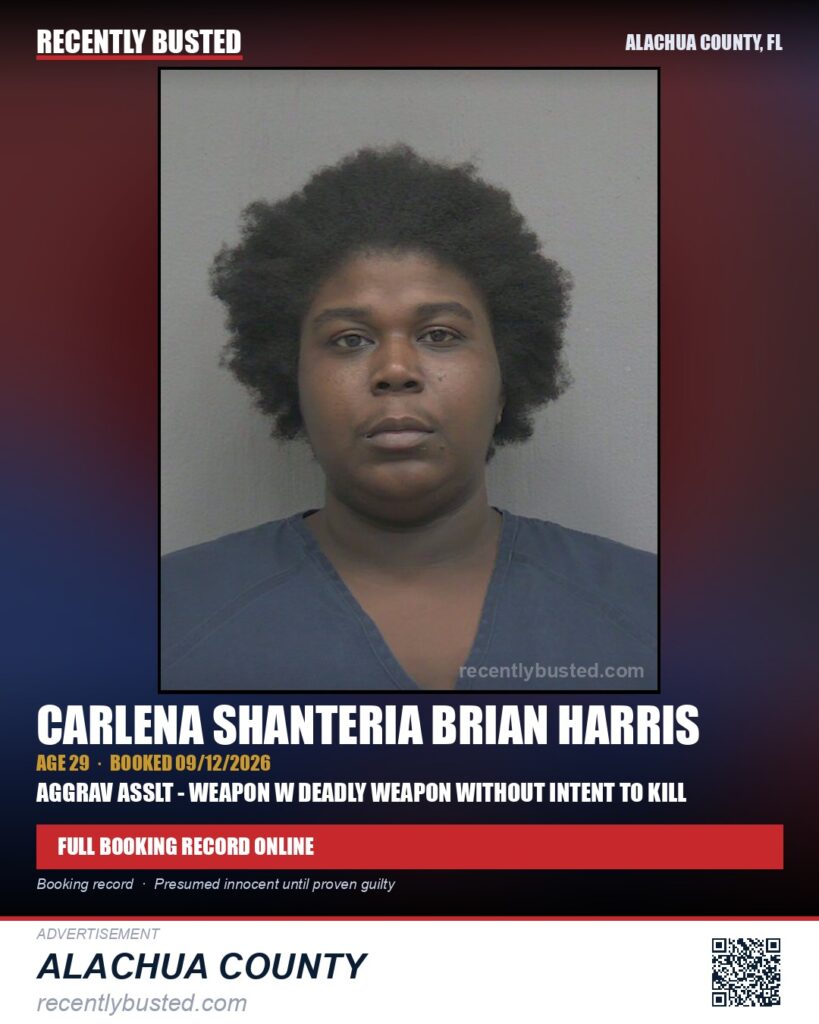 Carlena Shanteria Brian Harris — arrest record card, Alachua County, Florida