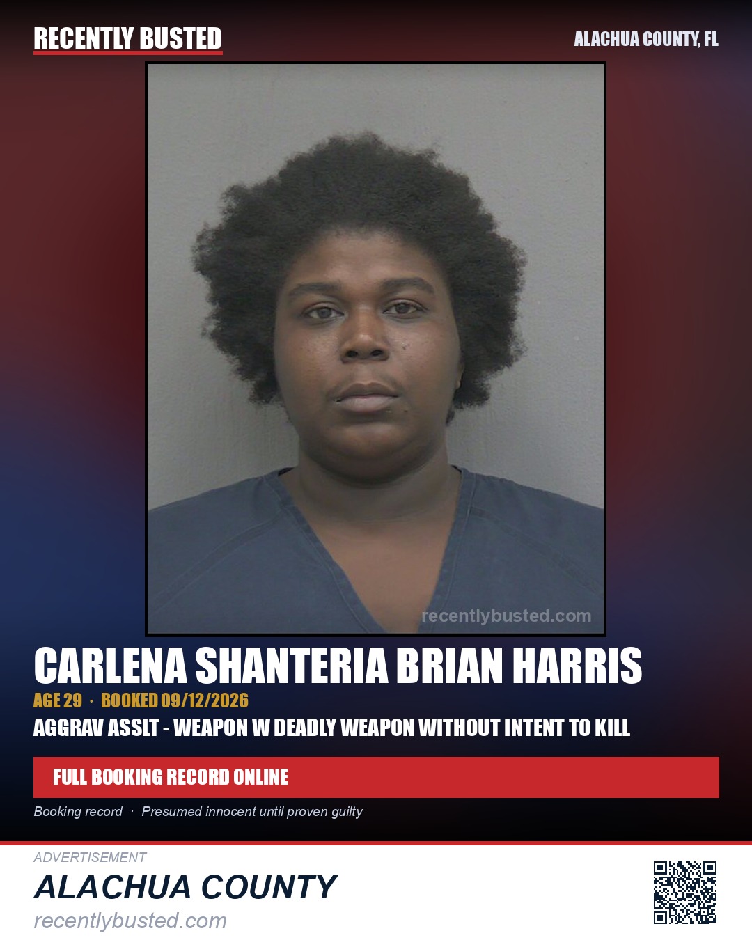 Carlena Shanteria Brian Harris — arrest record card, Alachua County, Florida