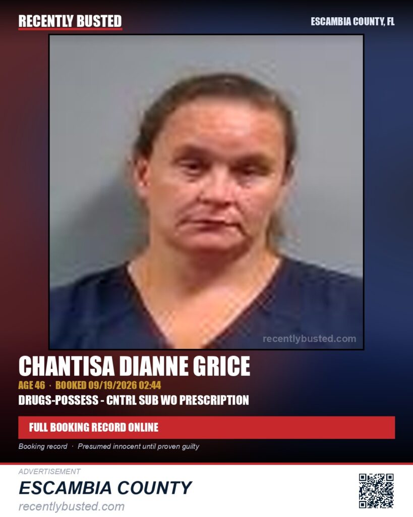 Chantisa Dianne Grice — arrest record card, Escambia County, Florida
