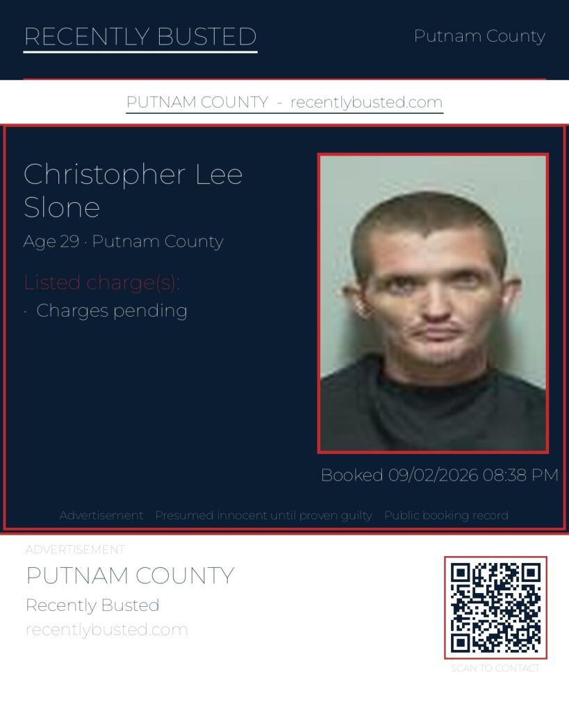 Christopher Lee Slone — arrest record card, Putnam County, Florida