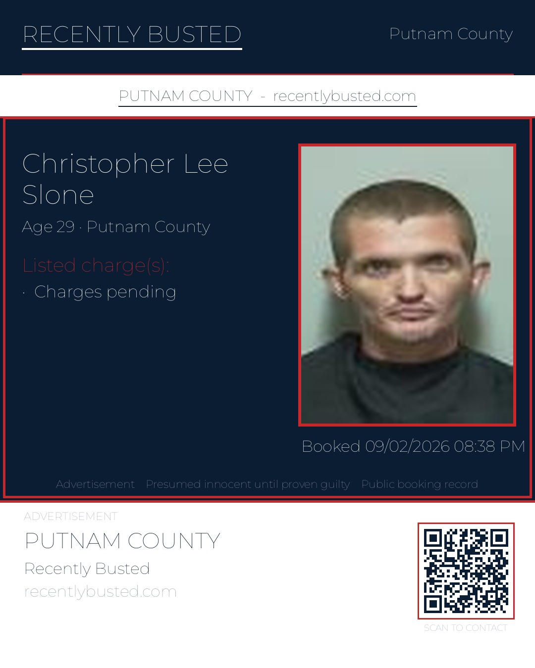 Christopher Lee Slone — arrest record card, Putnam County, Florida