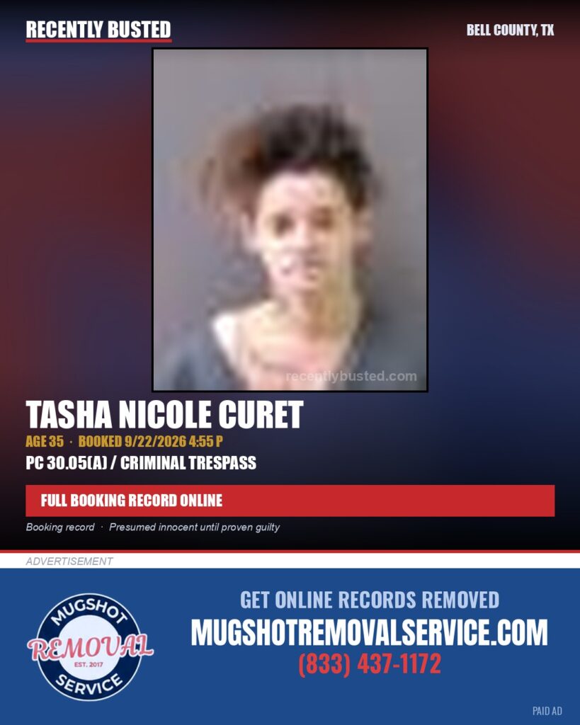 CURET, TASHA NICOLE — arrest record card, Bell County, Texas