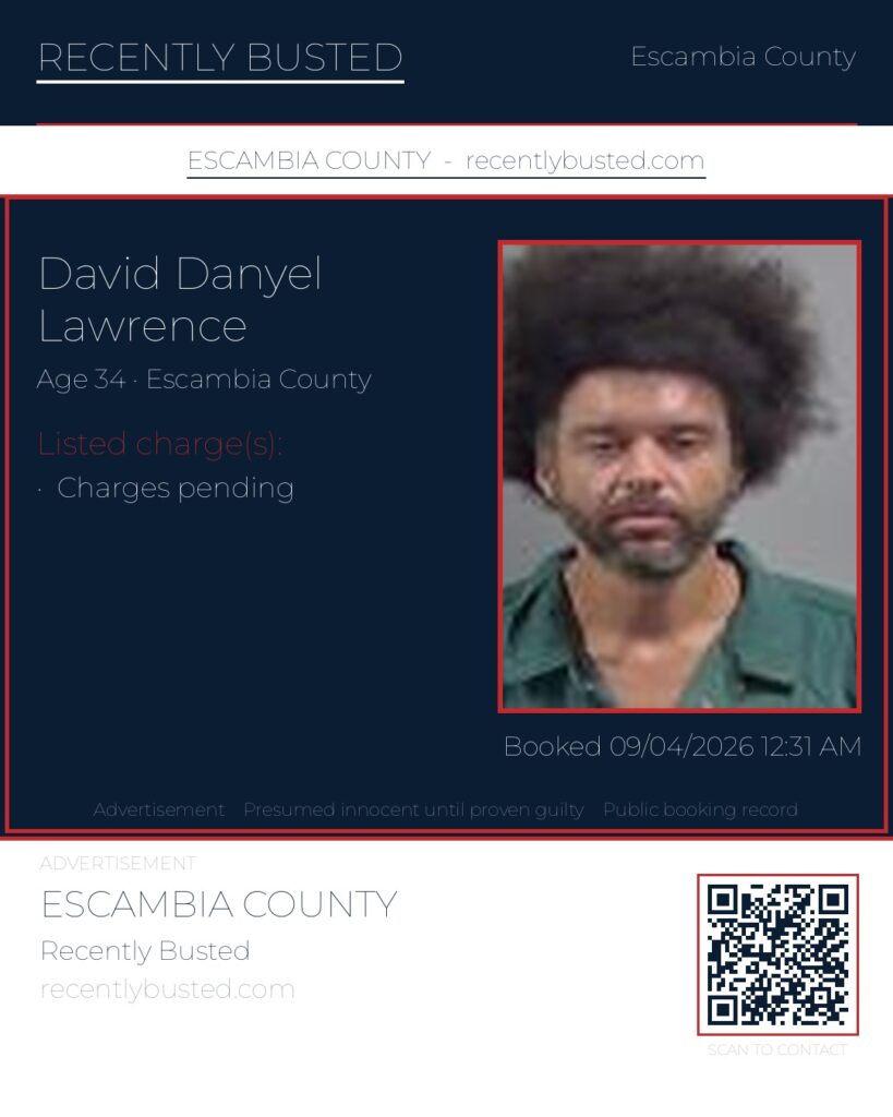 David Danyel Lawrence — arrest record card, Escambia County, Florida