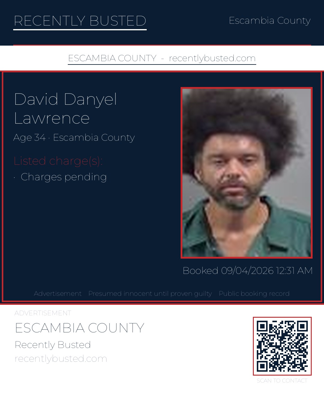 David Danyel Lawrence — arrest record card, Escambia County, Florida