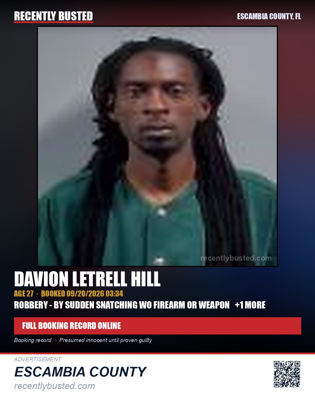 Davion Letrell Hill — arrest record card, Escambia County, Florida
