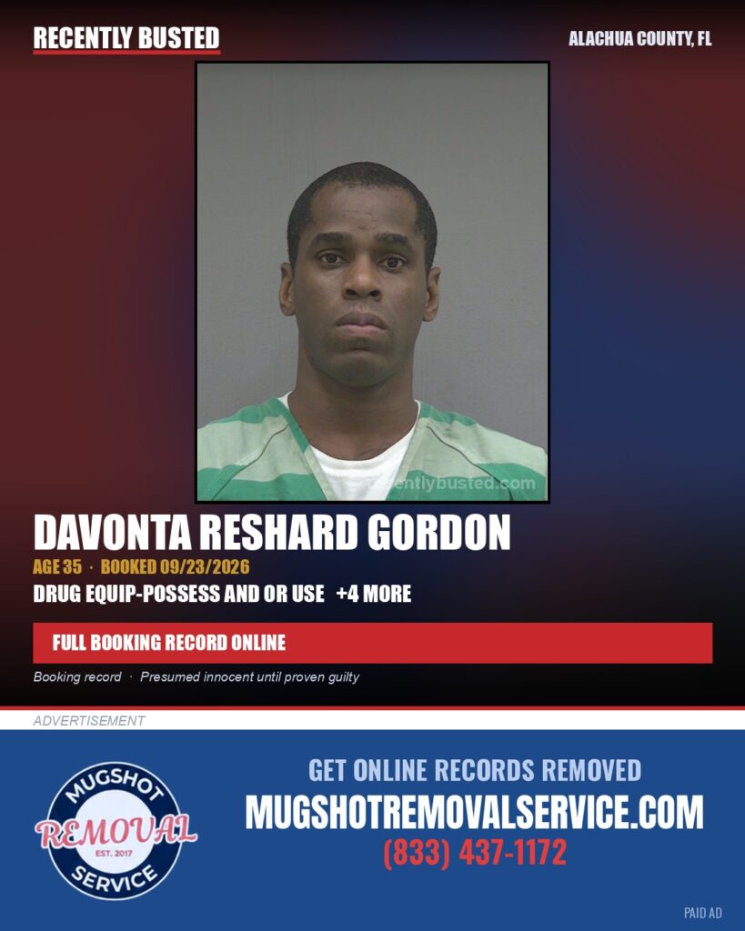 Davonta Reshard Gordon — arrest record card, Alachua County, Florida