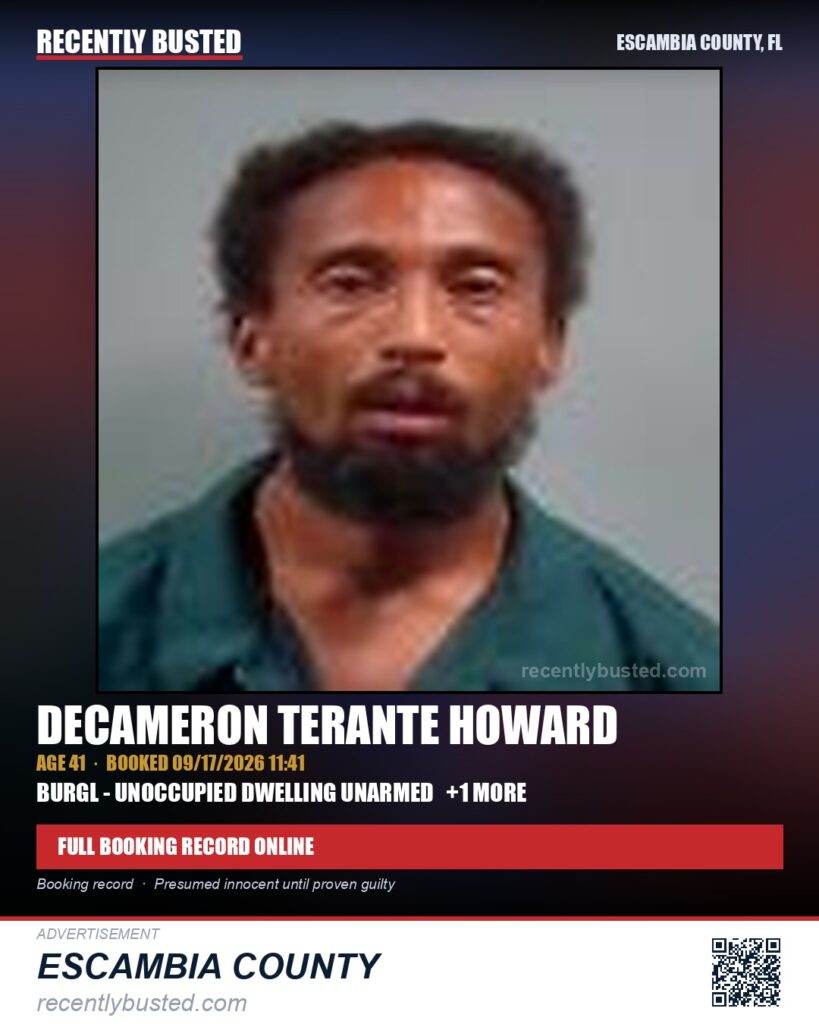 Decameron Terante Howard — arrest record card, Escambia County, Florida