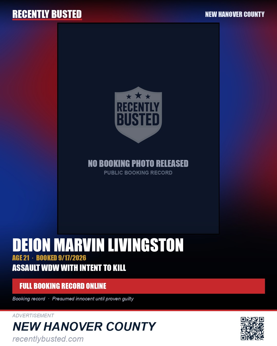 DEION MARVIN LIVINGSTON — arrest record card, New Hanover County