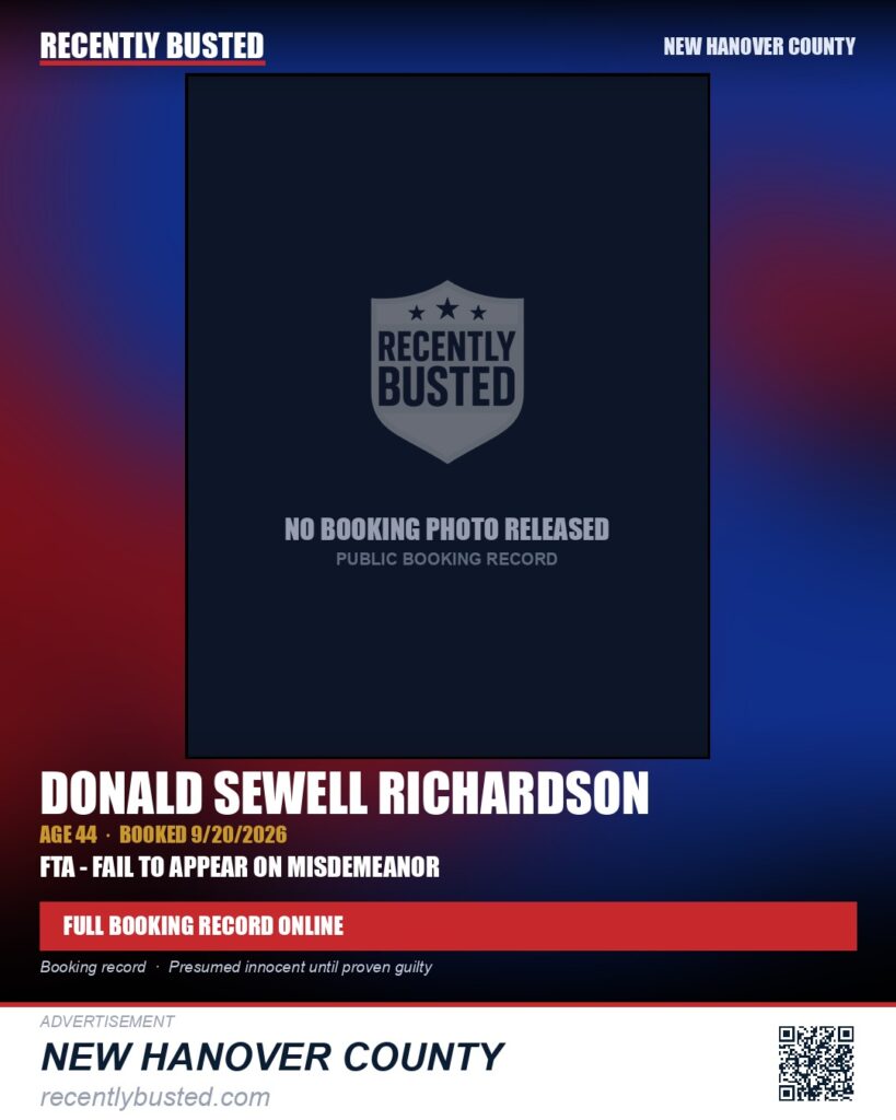 DONALD SEWELL RICHARDSON — arrest record card, New Hanover County
