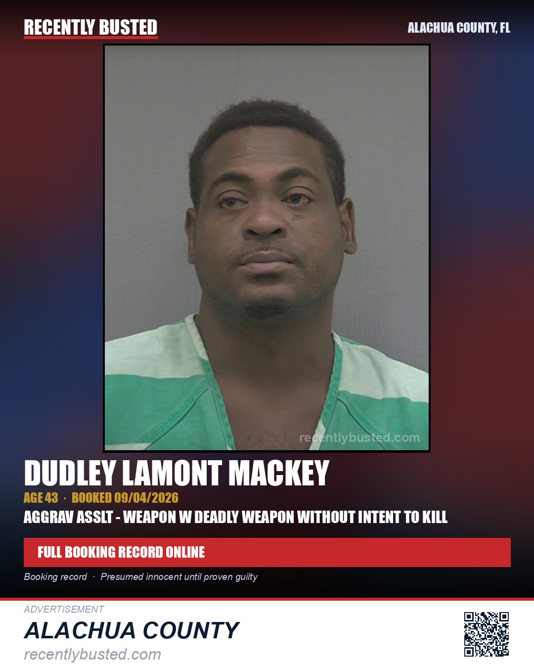 Dudley Lamont Mackey — arrest record card, Alachua County, Florida