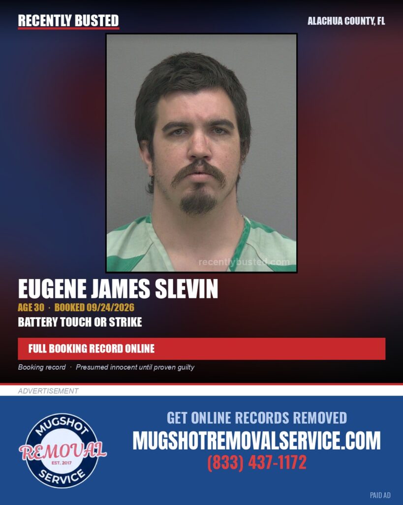 Eugene James Slevin — arrest record card, Alachua County, Florida