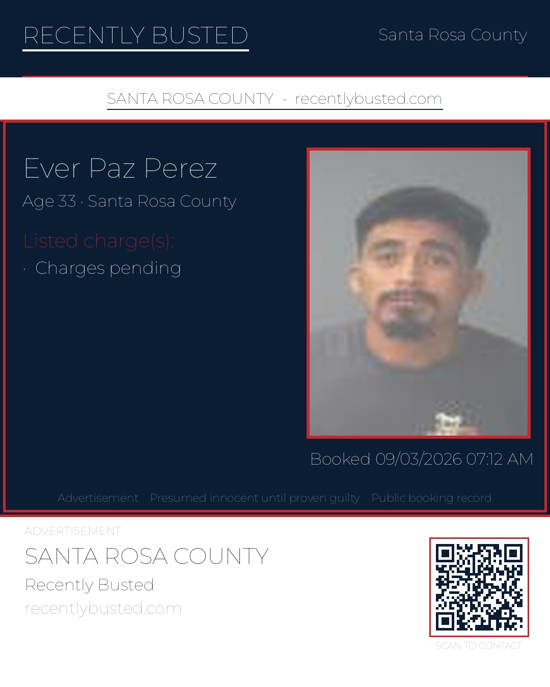 Ever Paz Perez — arrest record card, Santa Rosa County, Florida