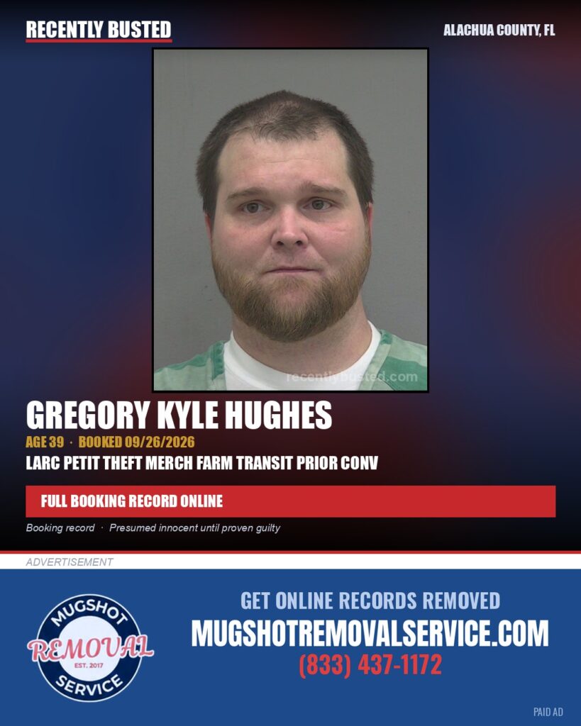 Gregory Kyle Hughes — arrest record card, Alachua County, Florida