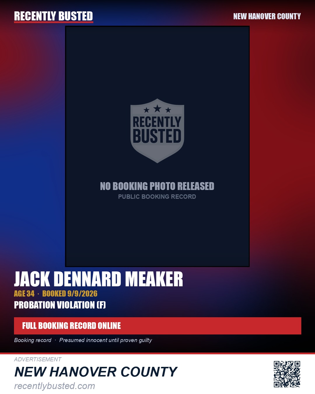 JACK DENNARD MEAKER — arrest record card, New Hanover County