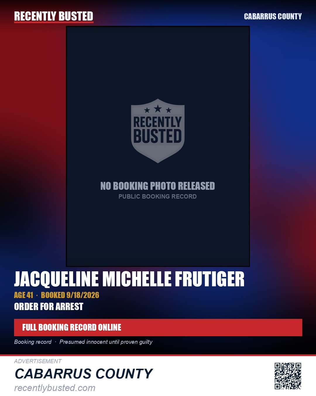 JACQUELINE MICHELLE FRUTIGER — arrest record card, Cabarrus County