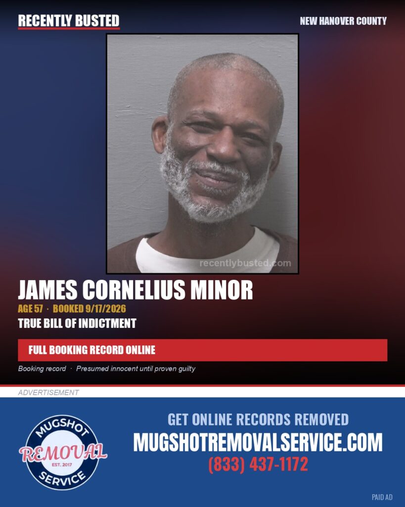 JAMES CORNELIUS MINOR — arrest record card, New Hanover County