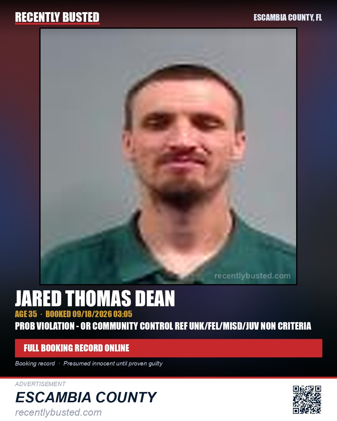 Jared Thomas Dean — arrest record card, Escambia County, Florida