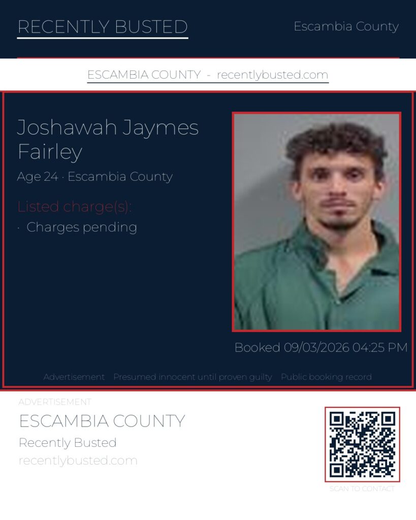 Joshawah Jaymes Fairley — arrest record card, Escambia County, Florida
