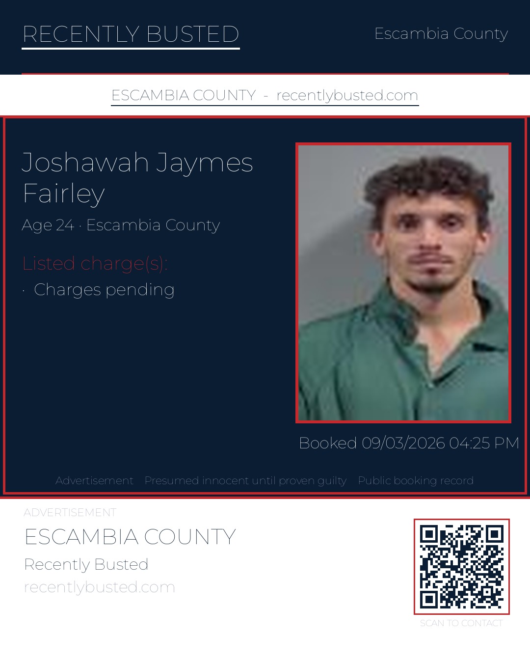 Joshawah Jaymes Fairley — arrest record card, Escambia County, Florida