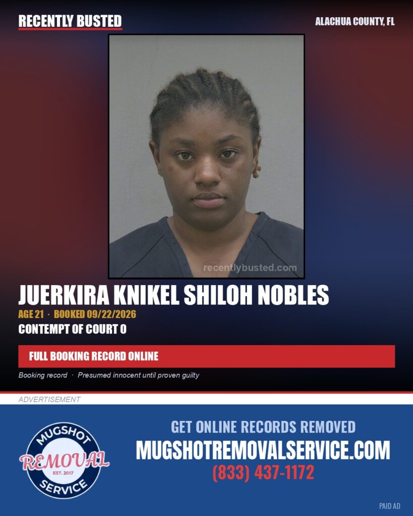 Juerkira Knikel Shiloh Nobles — arrest record card, Alachua County, Florida