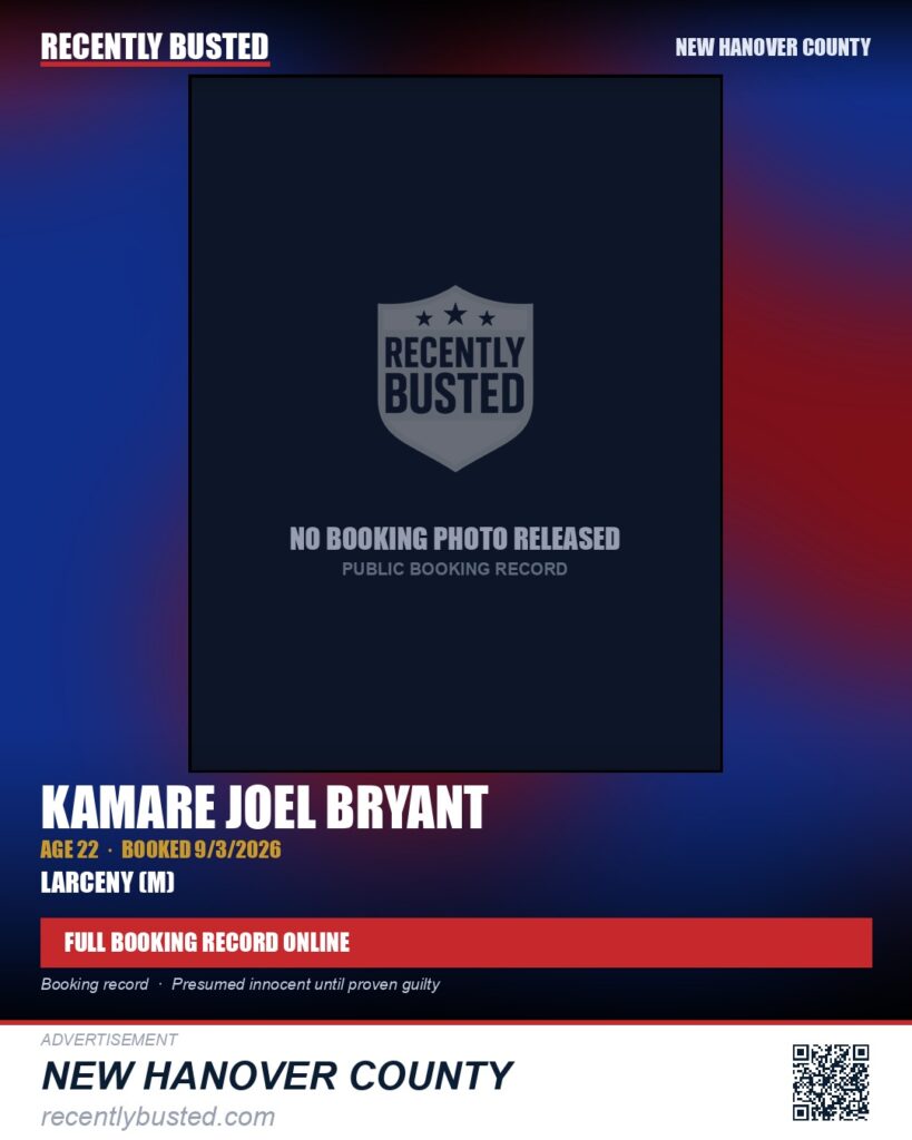 KAMARE JOEL BRYANT — arrest record card, New Hanover