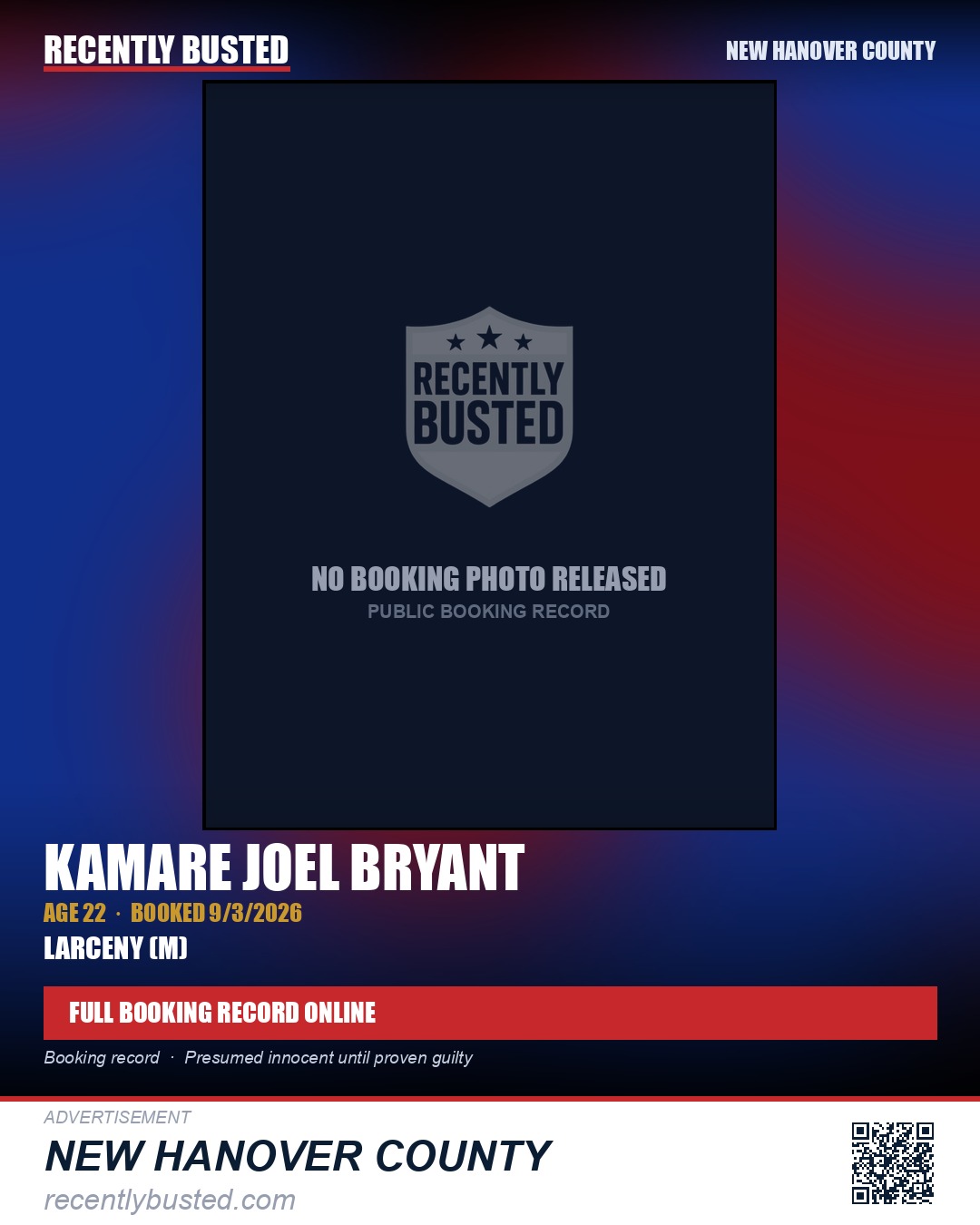 KAMARE JOEL BRYANT — arrest record card, New Hanover County