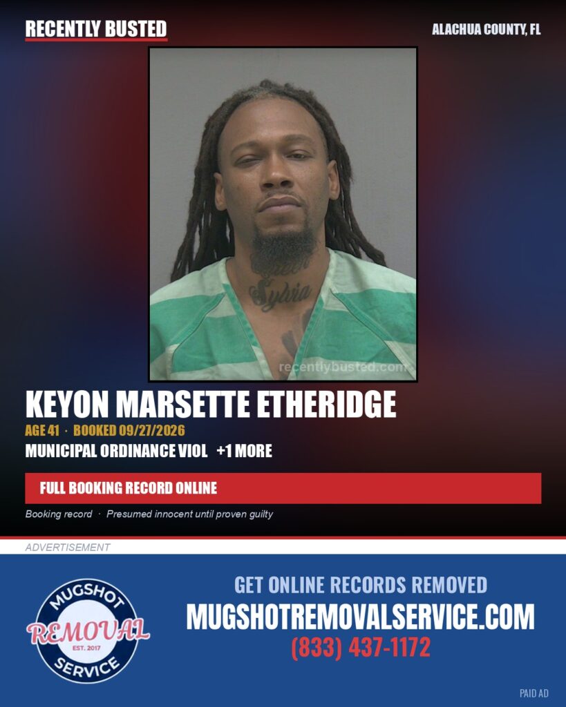 Keyon Marsette Etheridge — arrest record card, Alachua County, Florida