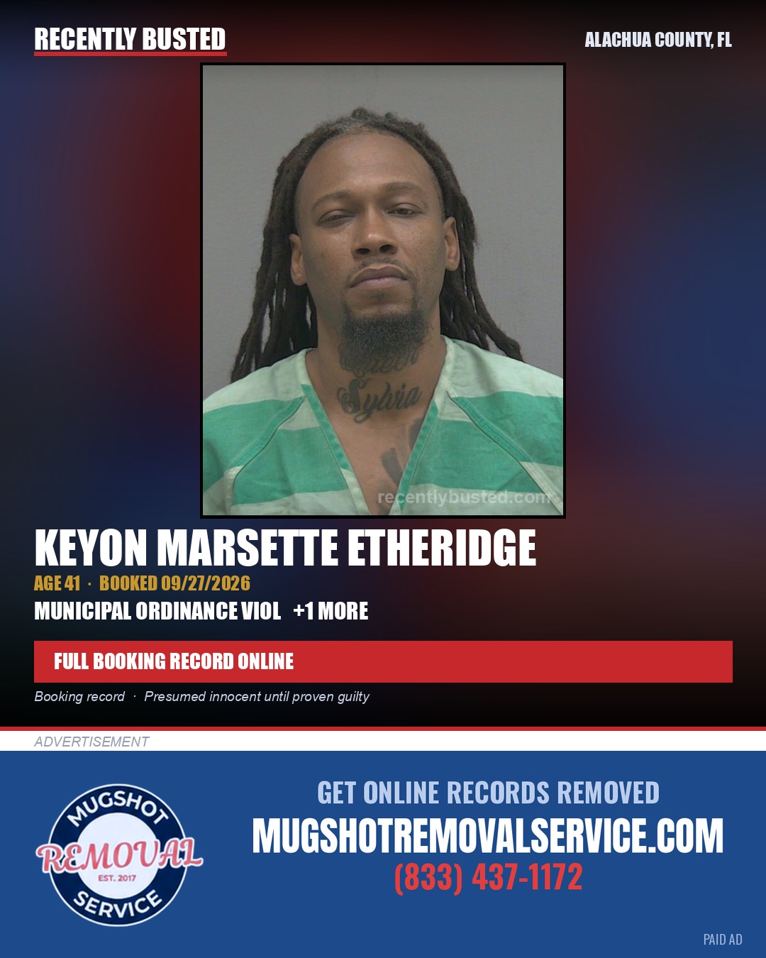 Keyon Marsette Etheridge — arrest record card, Alachua County, Florida