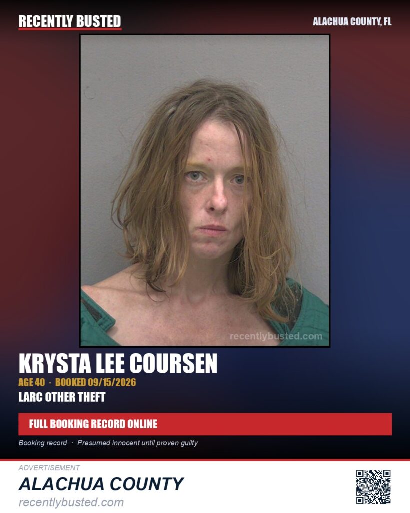 Krysta Lee Coursen — arrest record card, Alachua County, Florida