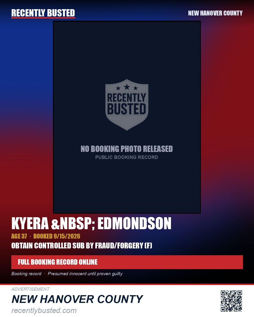 KYERA &nbsp; EDMONDSON — arrest record card, New Hanover County