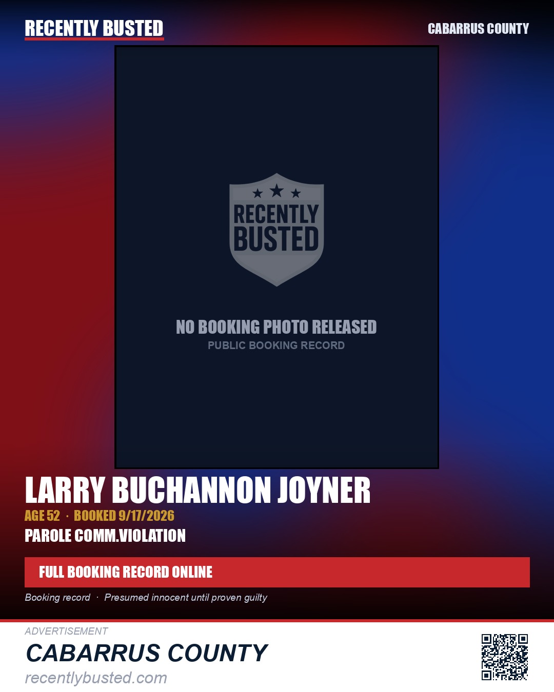 LARRY BUCHANNON JOYNER — arrest record card, Cabarrus County