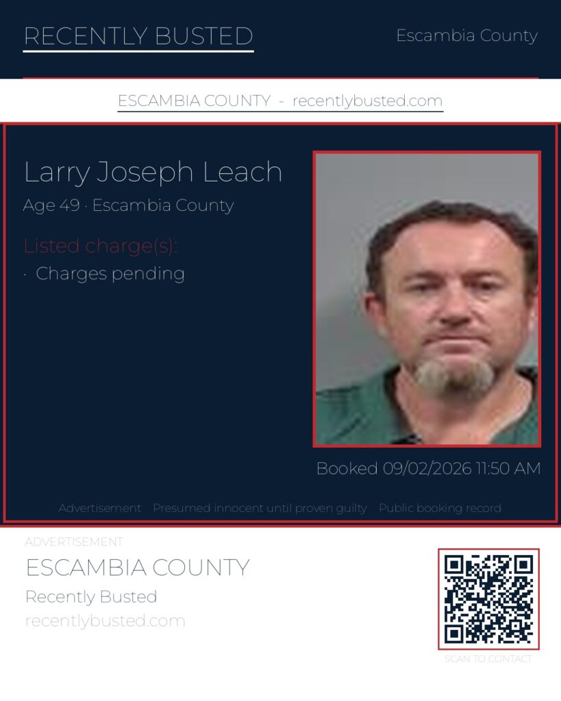 Larry Joseph Leach — arrest record card, Escambia County, Florida