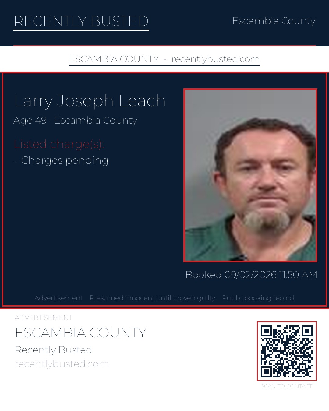Larry Joseph Leach — arrest record card, Escambia County, Florida