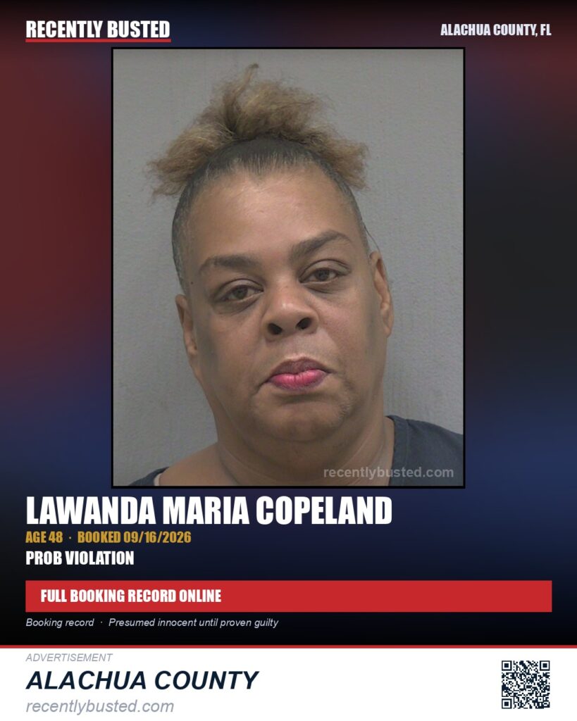 Lawanda Maria Copeland — arrest record card, Alachua County, Florida