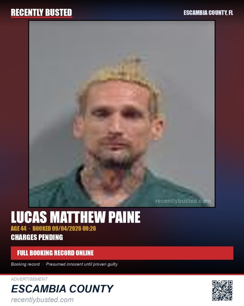 Lucas Matthew Paine — arrest record card, Escambia County, Florida