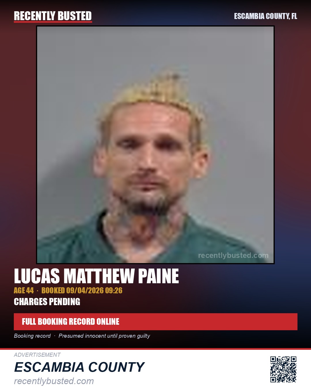 Lucas Matthew Paine — arrest record card, Escambia County, Florida