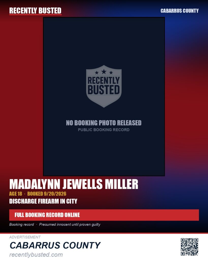 MADALYNN JEWELLS MILLER — arrest record card, Cabarrus County