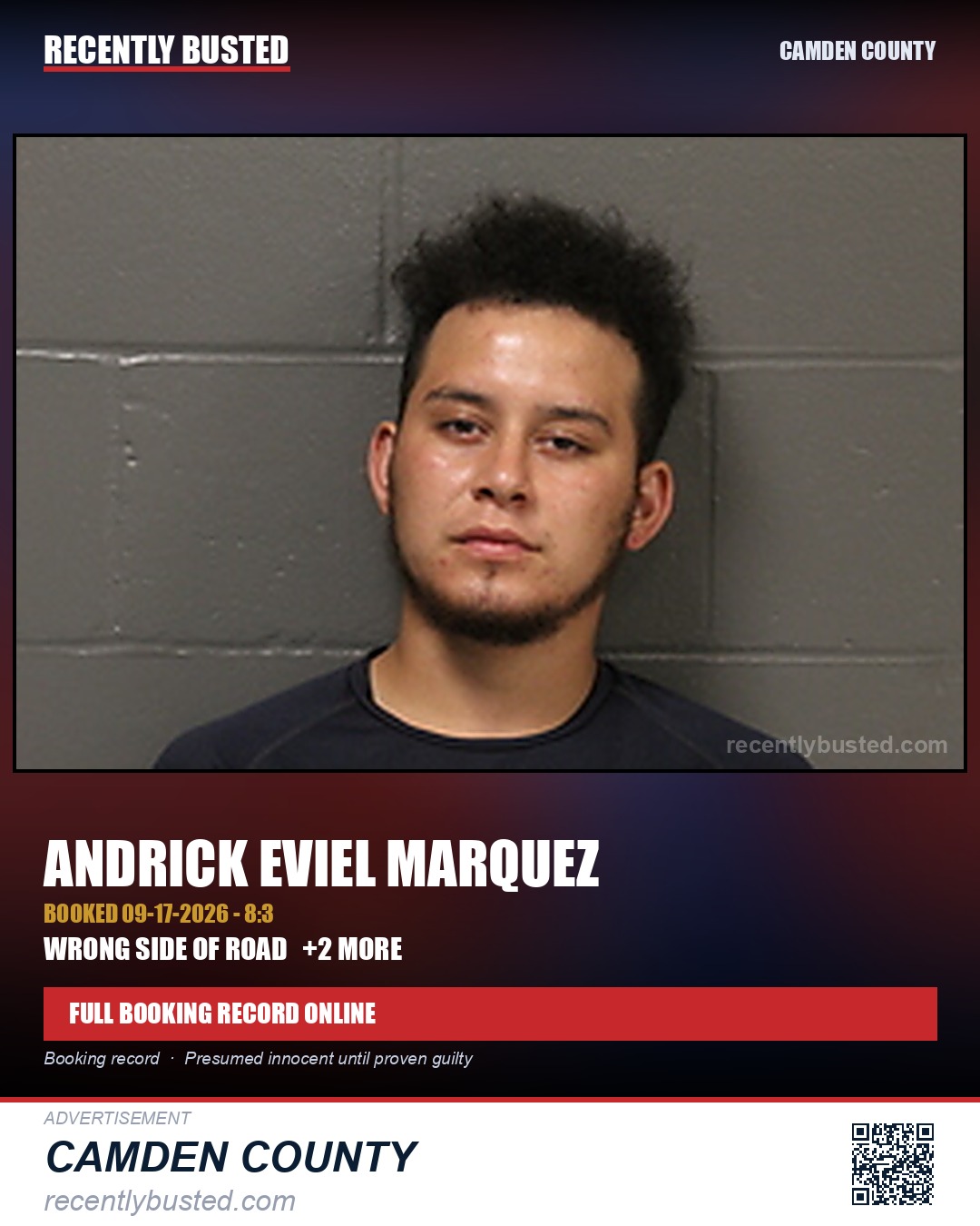 Marquez, Andrick Eviel — arrest record card, Camden County