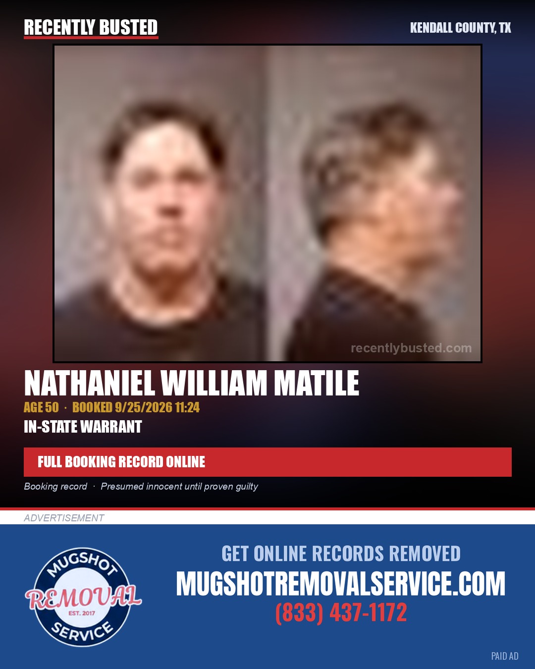 MATILE, NATHANIEL WILLIAM — arrest record card, Kendall County, Illinois