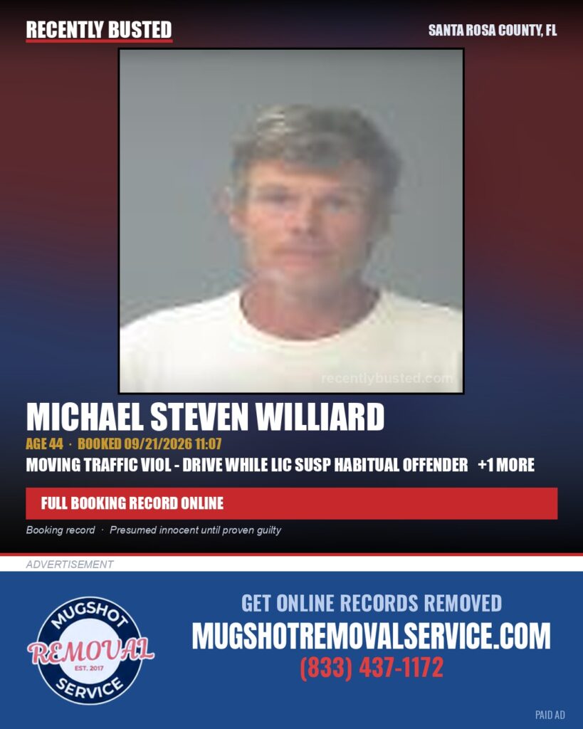 Michael Steven Williard — arrest record card, Santa Rosa County, Florida