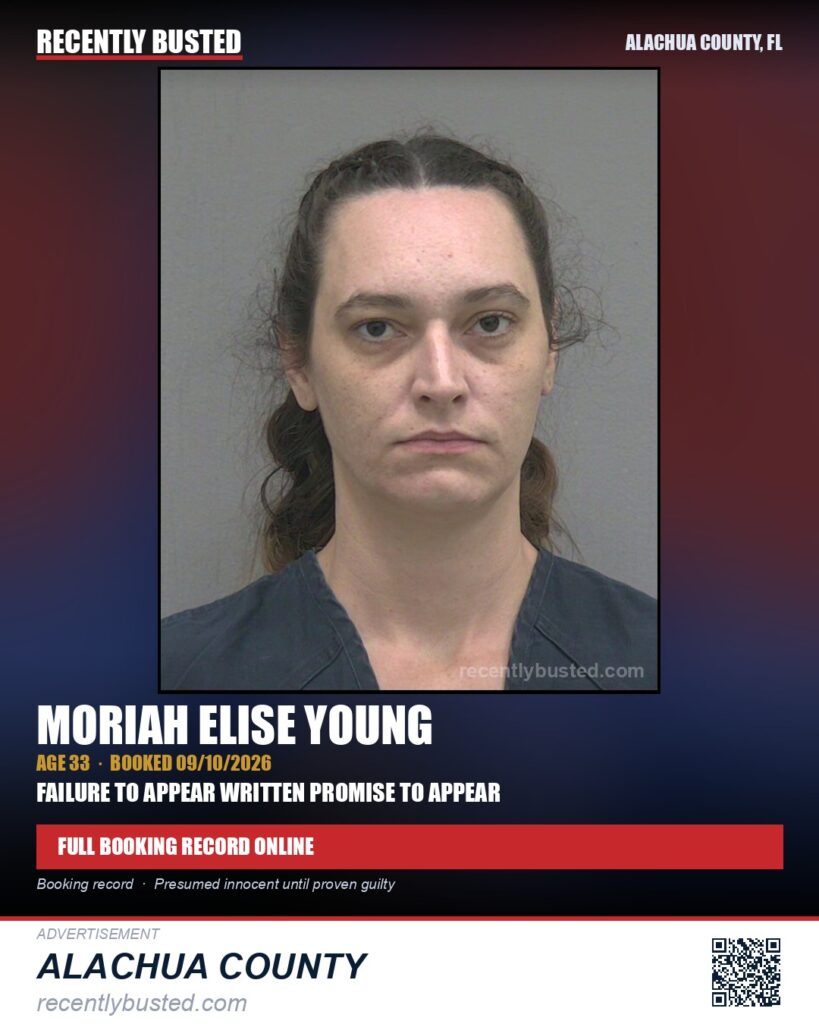 Moriah Elise Young — arrest record card, Alachua County, Florida