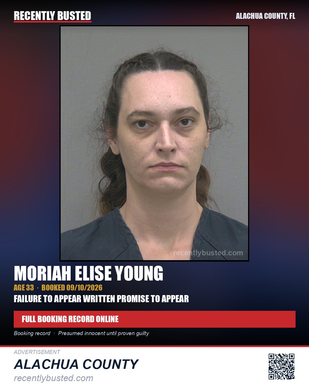 Moriah Elise Young — arrest record card, Alachua County, Florida