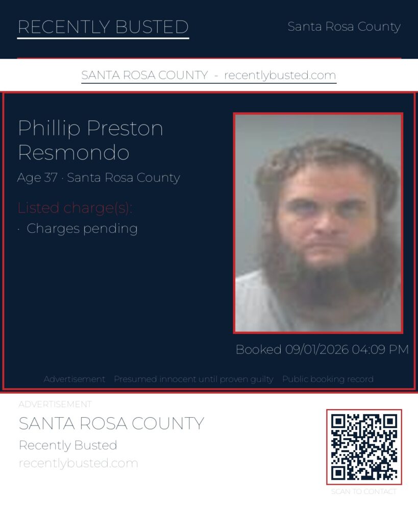 Phillip Preston Resmondo — arrest record card, Santa Rosa County, Florida