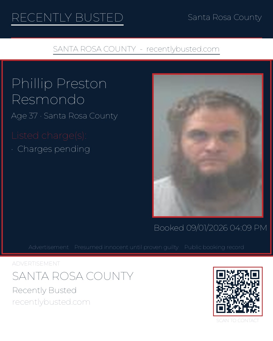 Phillip Preston Resmondo — arrest record card, Santa Rosa County, Florida